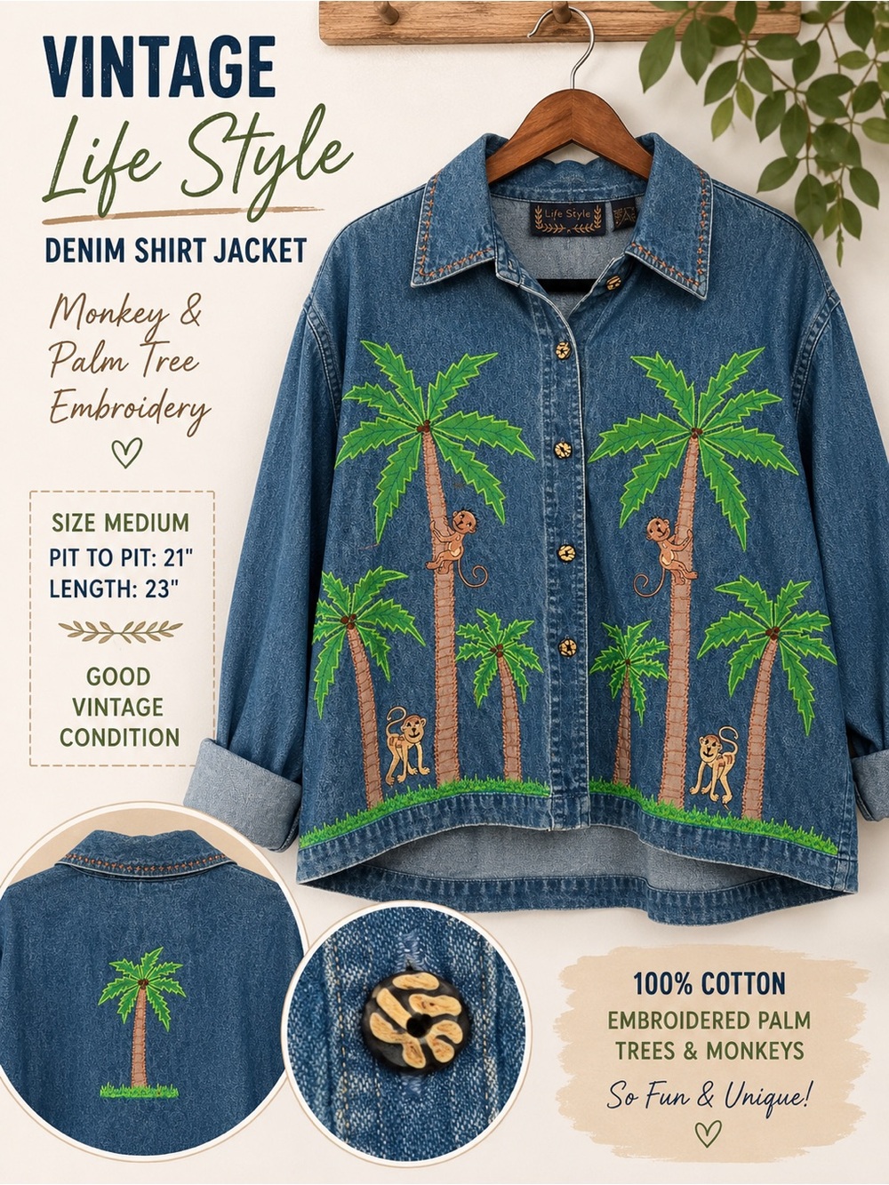Vintage Life Style Denim Shirt Jacket M Monkey Palm Tree Embroidered 90s